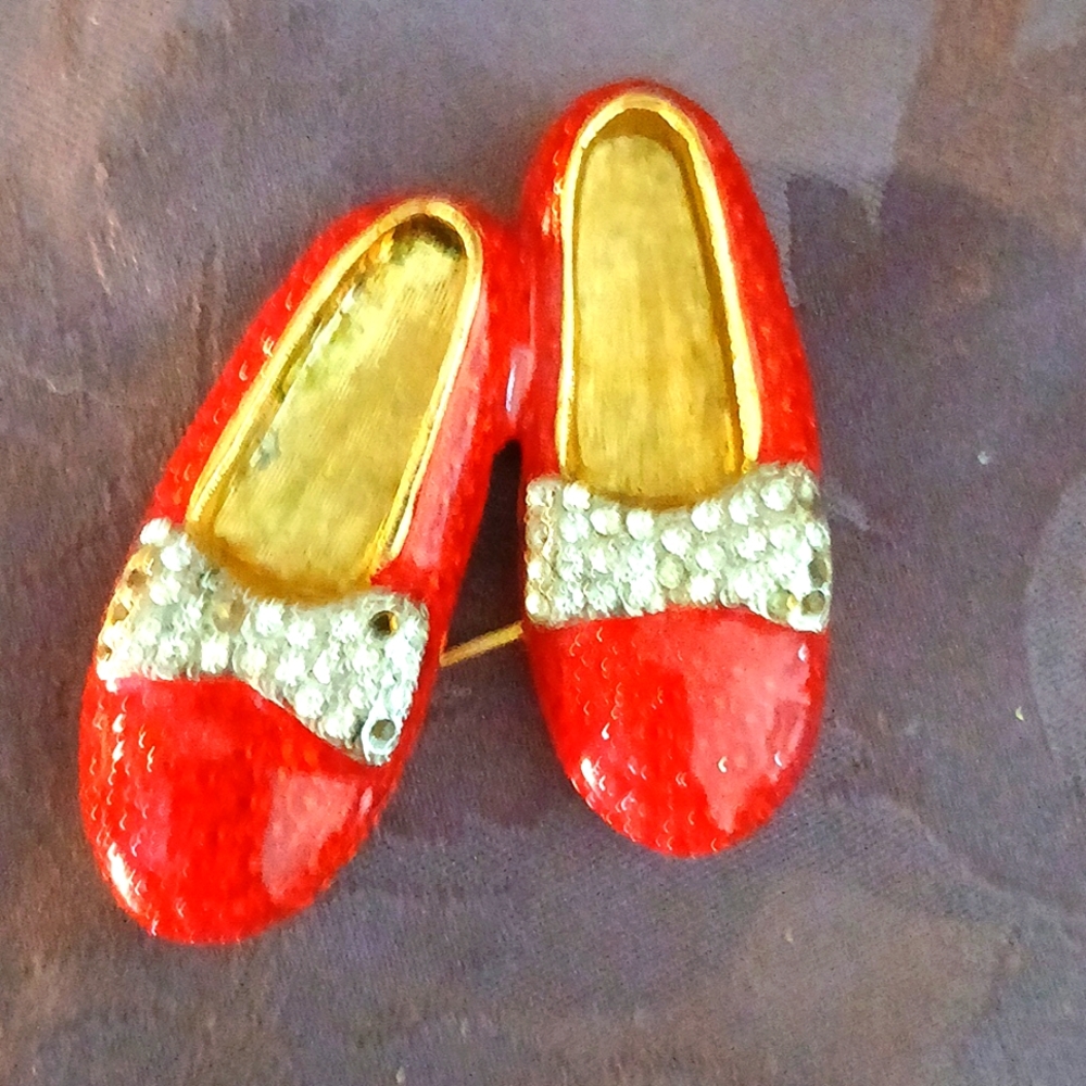 Vintage Red and Gold Dress Shoes Brooch With Shimmering Bow